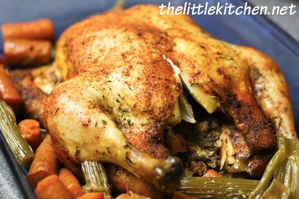 Slow Cooker Whole Chicken in a blue baking dish