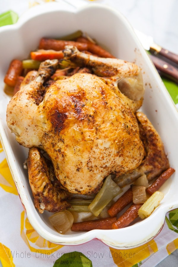 Crockpot Whole Chicken in a baking dish