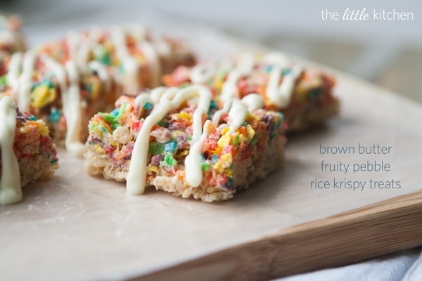Brown Butter Fruity Pebble Rice Krispy Treats close up