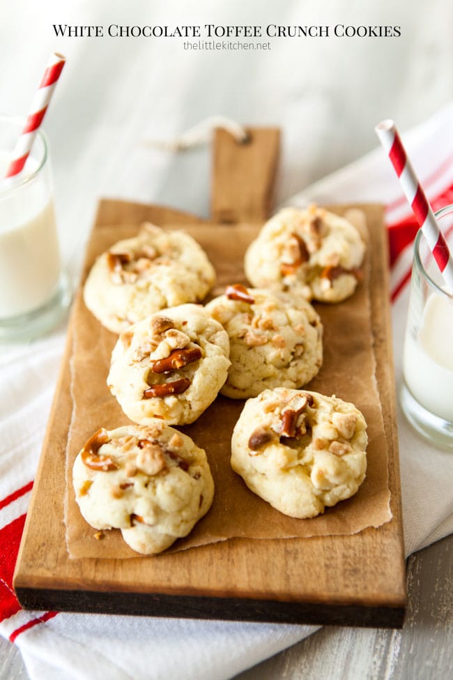 White Chocolate Toffee Crunch Cookies from thelittlekitchen.net