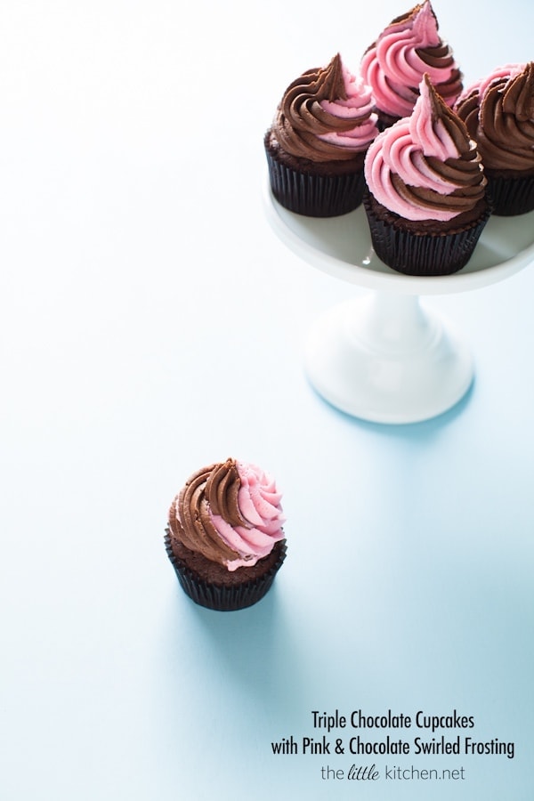 Triple Chocolate Cupcakes with Pink & Chocolate Swirled Frosting from thelittlekitchen.net