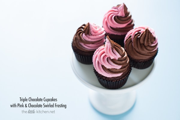 Triple Chocolate Cupcakes with Pink & Chocolate Swirled Frosting from thelittlekitchen.net