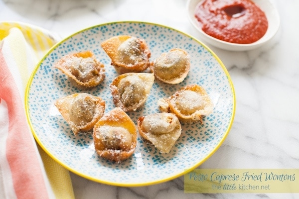 Pesto Caprese Fried Wontons from thelittlekitchen.net