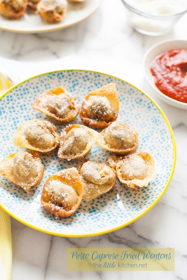 Pesto Caprese Fried Wontons from thelittlekitchen.net
