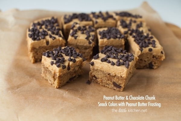 Peanut Butter & Chocolate Chunk Snack Cakes with Peanut Butter Frosting from thelittlekitchen.net