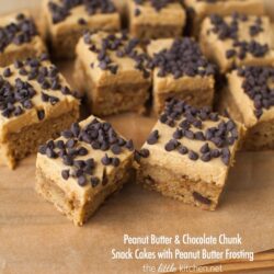 Peanut Butter & Chocolate Chunk Snack Cakes with Peanut Butter Frosting from thelittlekitchen.net