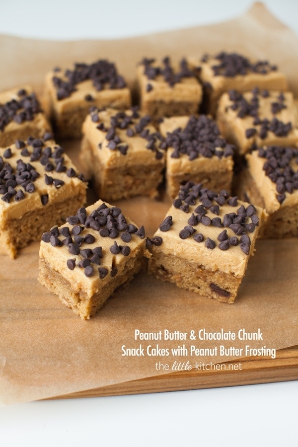 Peanut Butter & Chocolate Chunk Snack Cakes with Peanut Butter Frosting from thelittlekitchen.net