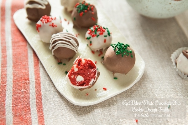 Red Velvet White Chocolate Chip Cookie Dough Truffles from thelittlekitchen.net