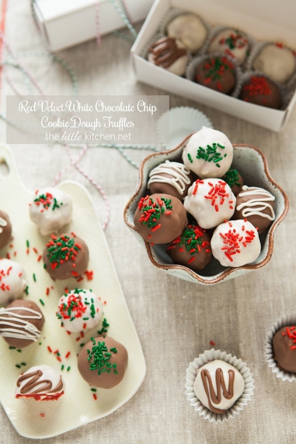 Red Velvet White Chocolate Chip Cookie Dough Truffles from thelittlekitchen.net