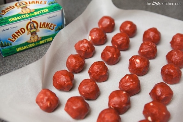 Red Velvet White Chocolate Chip Cookie Dough Truffles from thelittlekitchen.net