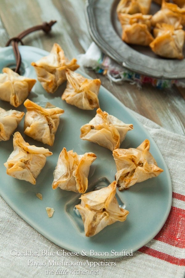 Cheddar, Blue Cheese and Bacon Stuffed Phyllo Mushroom Appetizers from thelittlekitchen.net