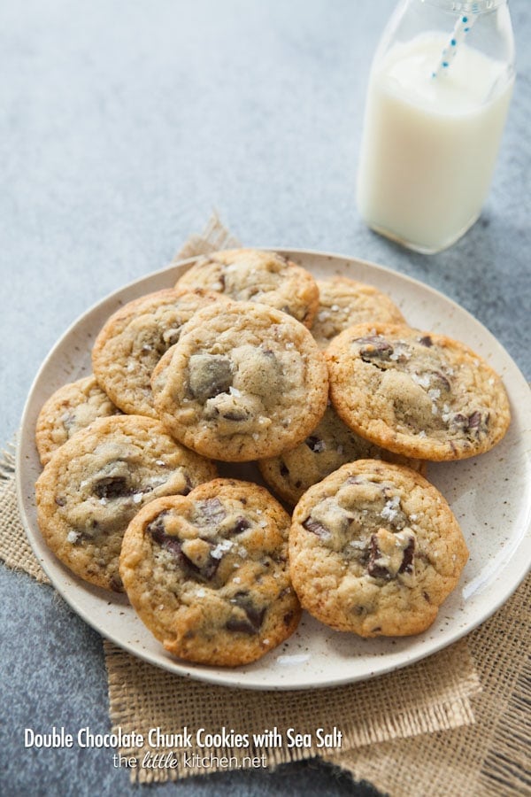 Double Chocolate Chunk Cookies with Sea Salt from thelittlekitchen.net #fbcookieswap