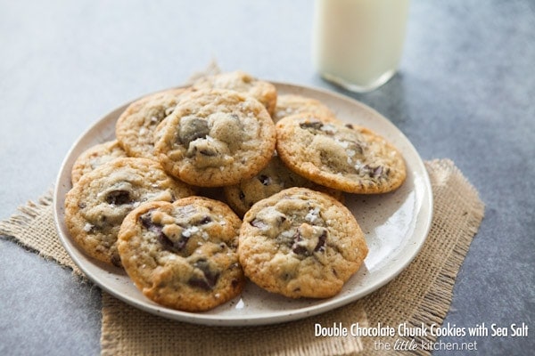 Double Chocolate Chunk Cookies with Sea Salt from thelittlekitchen.net #fbcookieswap