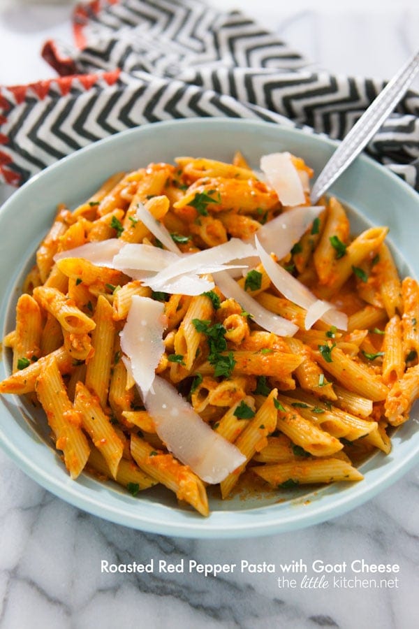 Roasted Red Pepper Pasta with Goat Cheese from thelittlekitchen.net