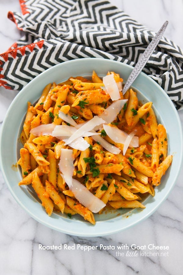 Roasted Red Pepper Pasta with Goat Cheese from thelittlekitchen.net