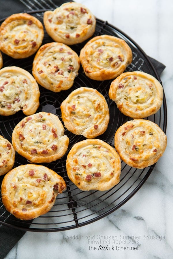 Cheddar and Smoked Summer Sausage Pinwheel Appetizers from thelittlekitchen.net