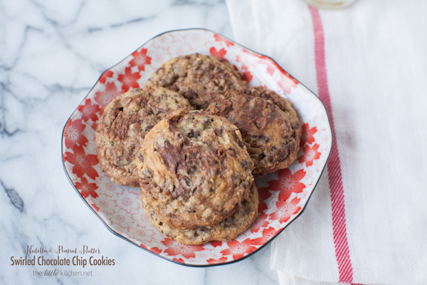 Nutella and Peanut Butter Swirled Chocolate Chip Cookies from thelittlekitchen.net