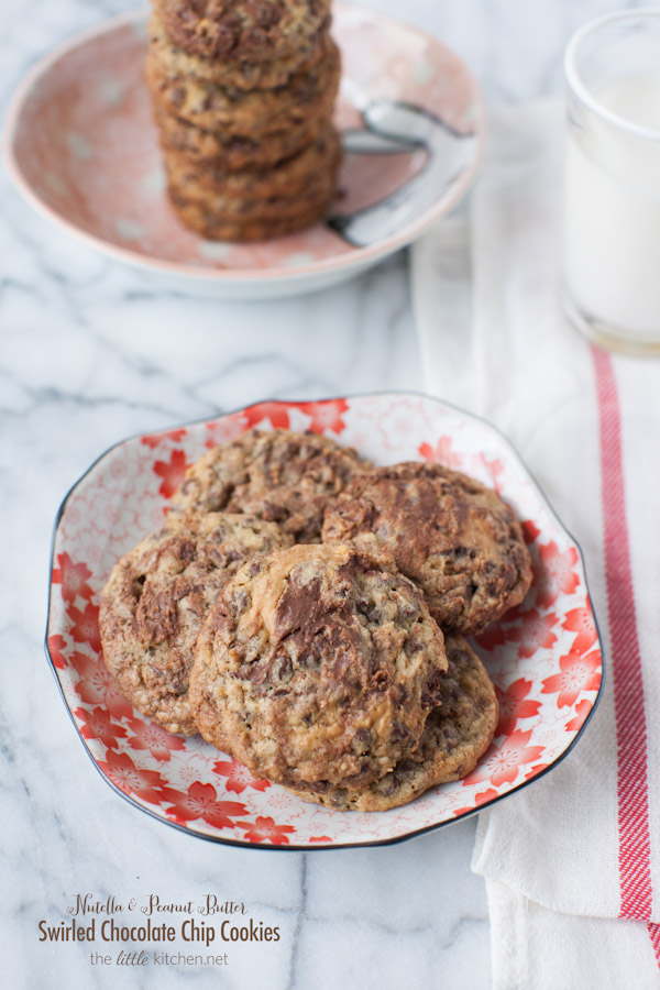 Nutella and Peanut Butter Swirled Chocolate Chip Cookies from thelittlekitchen.net