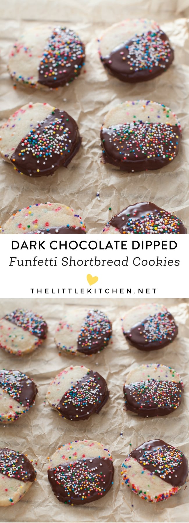 Dark Chocolate Dipped Funfetti Shortbread Cookies from thelittlekitchen.net