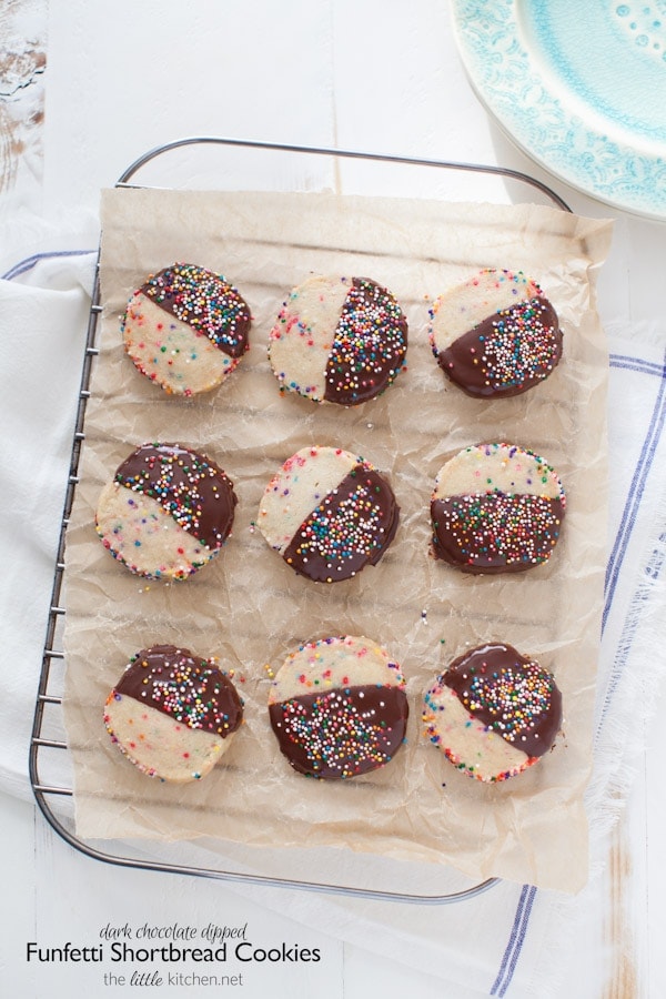 Dark Chocolate Dipped Funfetti Shortbread Cookies from thelittlekitchen.net