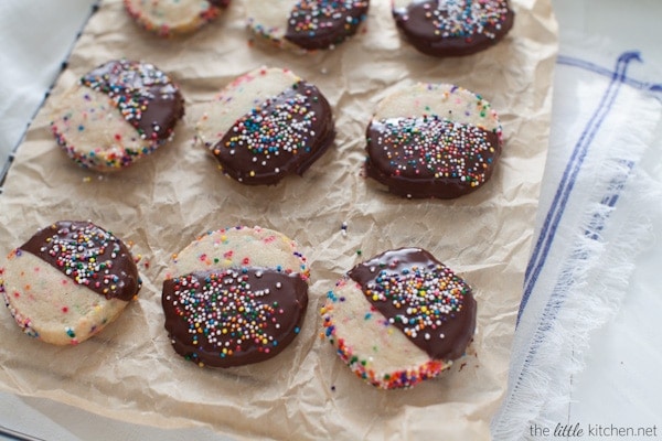 Dark Chocolate Dipped Funfetti Shortbread Cookies from thelittlekitchen.net