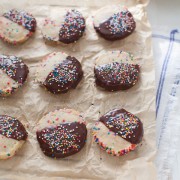 Dark Chocolate Dipped Funfetti Shortbread Cookies from thelittlekitchen.net