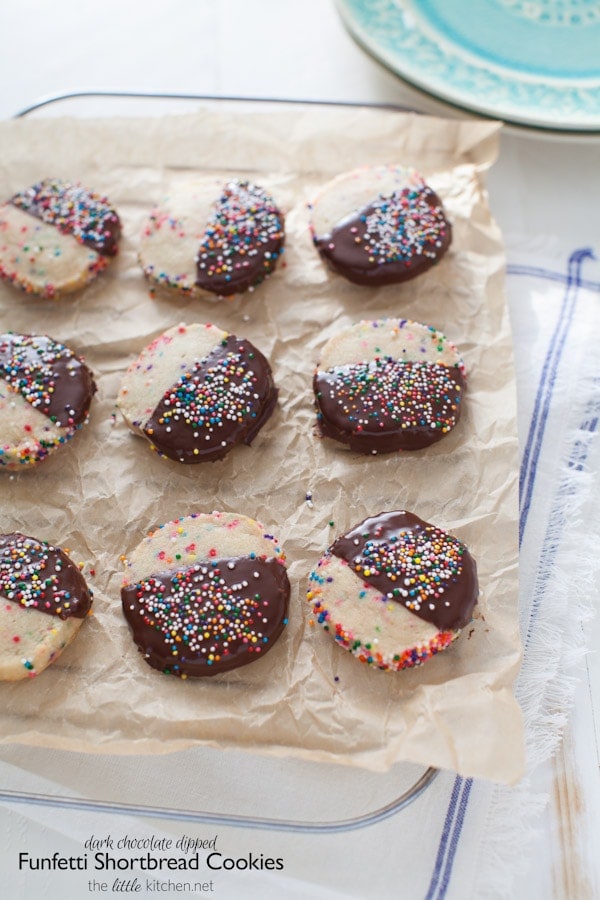 Dark Chocolate Dipped Funfetti Shortbread Cookies from thelittlekitchen.net