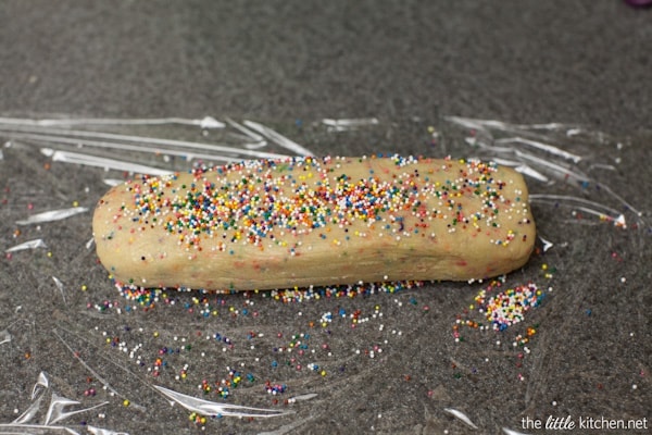 Dark Chocolate Dipped Funfetti Shortbread Cookies from thelittlekitchen.net