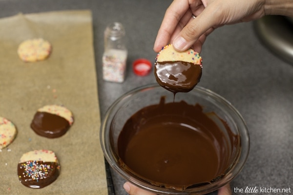 Dark Chocolate Dipped Funfetti Shortbread Cookies from thelittlekitchen.net