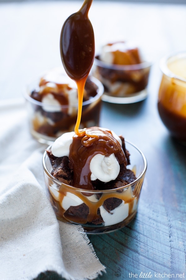 Salted Caramel Brownie Trifles with Whipped Cream from thelittlekitchen.net