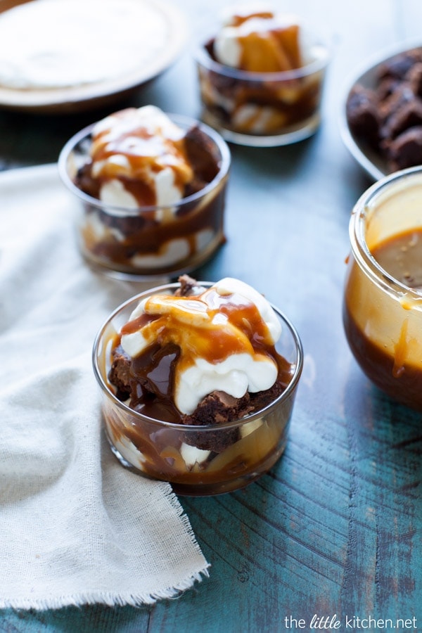 Salted Caramel Brownie Trifles with Whipped Cream from thelittlekitchen.net