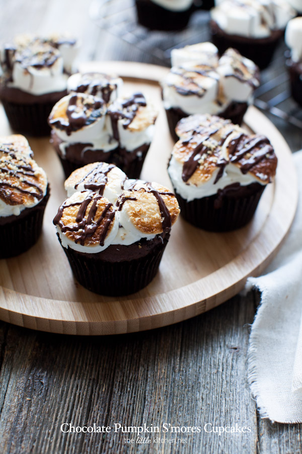 Chocolate Pumpkin S'mores Cupcakes from thelittlekitchen.net #campfiremallows