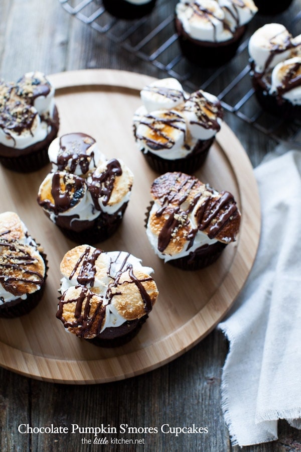 Chocolate Pumpkin S'mores Cupcakes from thelittlekitchen.net #campfiremallows