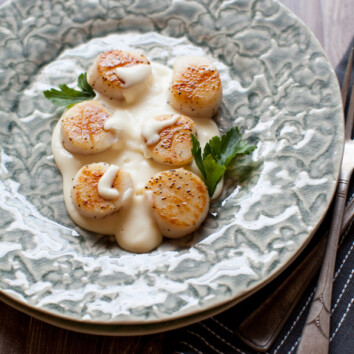 Pan-Seared Scallops with a Gruyère Cheese Sauce from The Little Kitchen thelittlekitchen.net