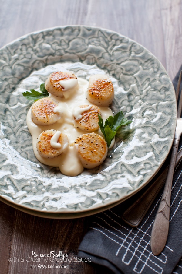 Pan-Seared Scallops with a Gruyère Cheese Sauce from The Little Kitchen thelittlekitchen.net