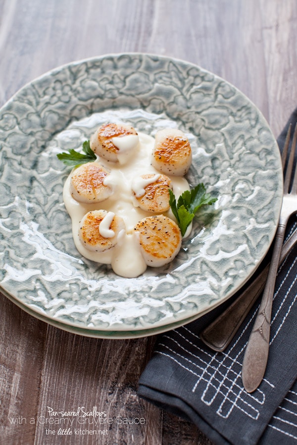 Pan-Seared Scallops with a Gruyère Cheese Sauce from The Little Kitchen thelittlekitchen.net