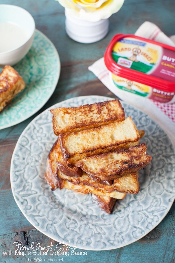 So easy to make and these are such a treat! French Toast Sticks with Maple Butter Dipping Sauce from The Little Kitchen thelittlekitchen.net