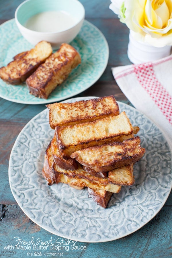 So easy to make and these are such a treat! French Toast Sticks with Maple Butter Dipping Sauce from The Little Kitchen thelittlekitchen.net