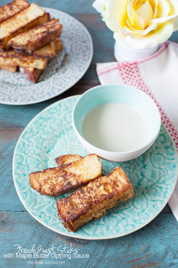 So easy to make and these are such a treat! French Toast Sticks with Maple Butter Dipping Sauce from The Little Kitchen thelittlekitchen.net