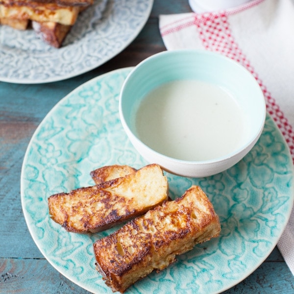 So easy to make and these are such a treat! French Toast Sticks with Maple Butter Dipping Sauce from The Little Kitchen thelittlekitchen.net