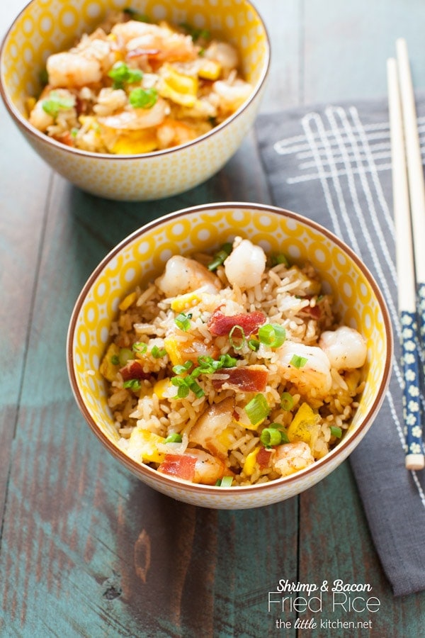 Such an easy fried rice recipe and the best ever...with a secret ingredient that makes it just like your favorite take out fried rice! Bacon and Shrimp Fried Rice from The Little Kitchen thelittlekitchen.net