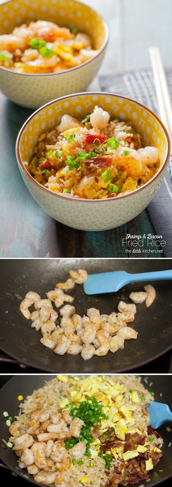 Such an easy fried recipe and the best ever...with a secret ingredient that makes it just like your favorite take out fried rice! Bacon and Shrimp Fried Rice from The Little Kitchen thelittlekitchen.net