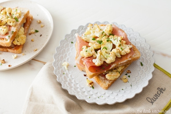 So easy to make...the flavors of the roasted cauliflower go so well well with butter, goat cheese & prosciutto! Roasted Cauliflower Toast with Goat Cheese & Prosciutto from thelittlekitchen.net