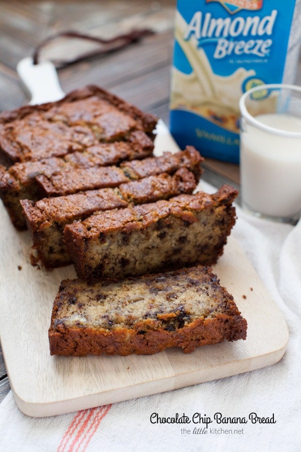 This bread is so easy to make and it's made with almondmilk! Chocolate Chip Banana Bread from thelittlekitchen.net