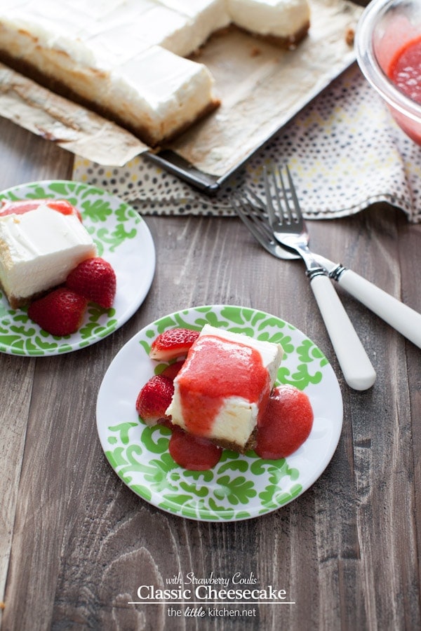 A really easy cheesecake recipe...it's a classic and can be made in a square or round cake pan! Classic Cheesecake Recipe with Strawberry Coulis Recipe from thelittlekitchen.net