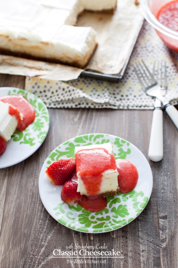 A really easy cheesecake recipe...it's a classic and can be made in a square or round cake pan! Classic Cheesecake Recipe with Strawberry Coulis Recipe from thelittlekitchen.net