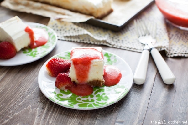 A really easy cheesecake recipe...it's a classic and can be made in a square or round cake pan! Classic Cheesecake Recipe with Strawberry Coulis Recipe from thelittlekitchen.net