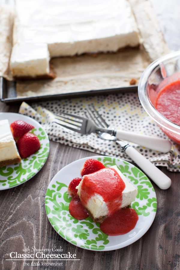 A really easy cheesecake recipe...it's a classic and can be made in a square or round cake pan! Classic Cheesecake Recipe with Strawberry Coulis Recipe from thelittlekitchen.net