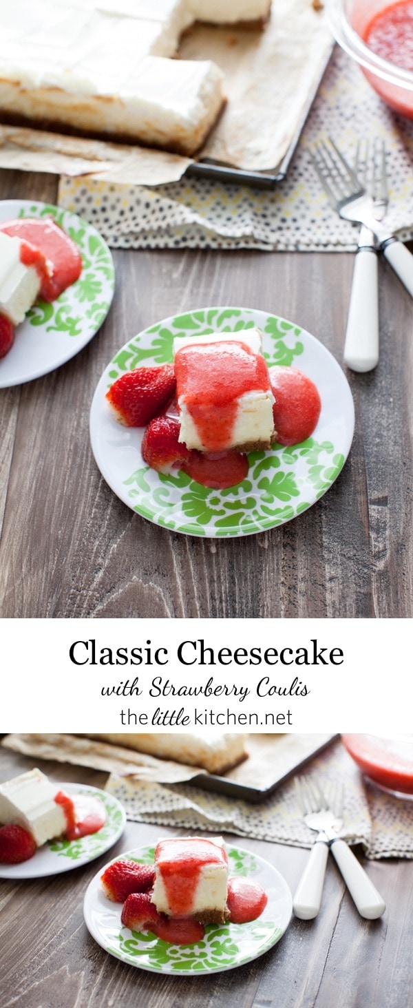 A really easy cheesecake recipe...it's a classic and can be made in a square or round cake pan! Classic Cheesecake Recipe with Strawberry Coulis Recipe from thelittlekitchen.net
