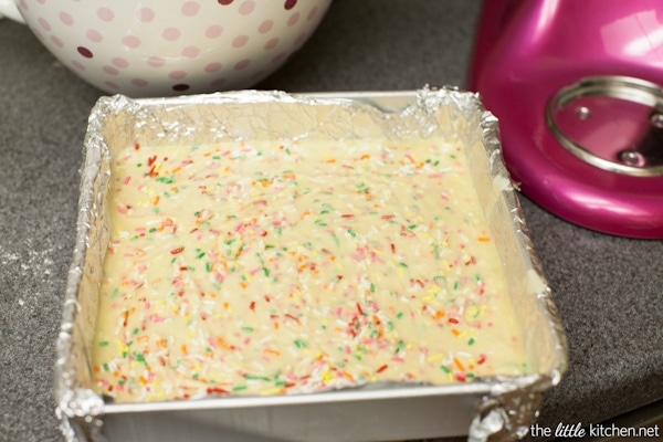 These bars are so gooey and perfect...the sprinkles are a must! Funfetti Gooey Butter Shortbread Bars from thelittlekitchen.net